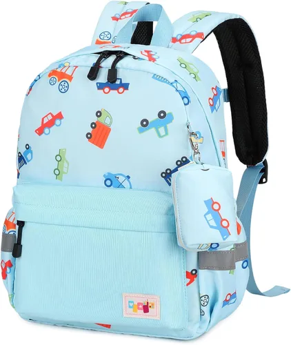 Vista 17 de mygreen Mochila para niños pequeños, mochila para niños y niñas con correa para el pecho Coches Coloridos Azul Claro