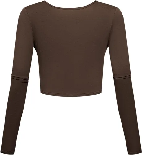 Vista 2 de Camisetas cortas con cuello en V, manga larga, sexy, ajustadas, capa base para mujer