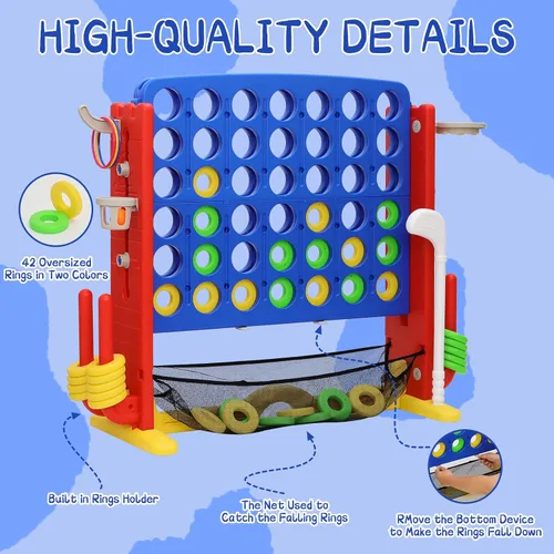 Vista 2 de Juego gigante 4 en una fila, juego de patio jumbo de ajuste de altura para niños y adultos con bolsa de captura de malla, golf, aro de baloncesto