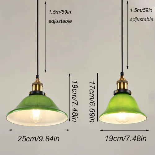 Vista 2 de Nordic Retro Green Pendant Light Fixtures, Modern Metal Ceiling Hanging Lighting with Glass Shade, 59in Adjustable Cord E27/E26 Sockets Chandelier