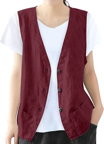 Vista 59 de COTECRAM Chaleco de lino de algodón para mujer, casual, sin mangas, con botones, ligero, para verano, holgado, ropa de abrigo
