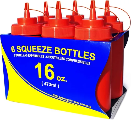 Vista 13 de New Star Foodservice Botella transparente para apretar de 16 onzas, boca ancha, paquete de 6