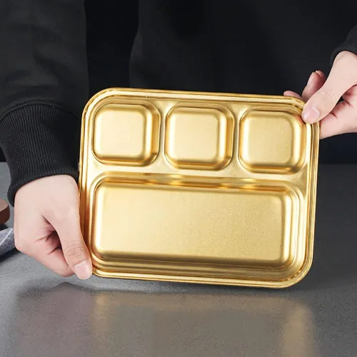 Vista 8 de Plato dividido de acero inoxidable, platos pequeños para salsas, ensaladas, pigmentos, aperitivos, bandeja de aceite de drenaje desmontable, 4