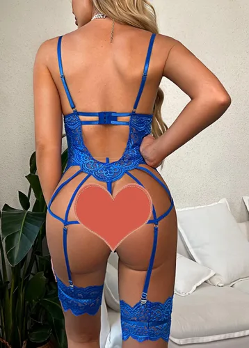 Vista 5 de Donnalla Conjunto de lencería sexy para mujer con liguero, body de encaje con bragas