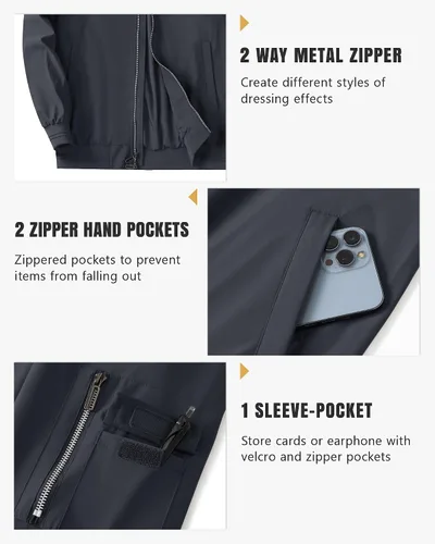 Vista 10 de Polu Chaquetas bomber para hombre con bolsillos, chaquetas cortavientos ligeras, cremallera de 2 vías, abrigo casual de negocios para otoño e