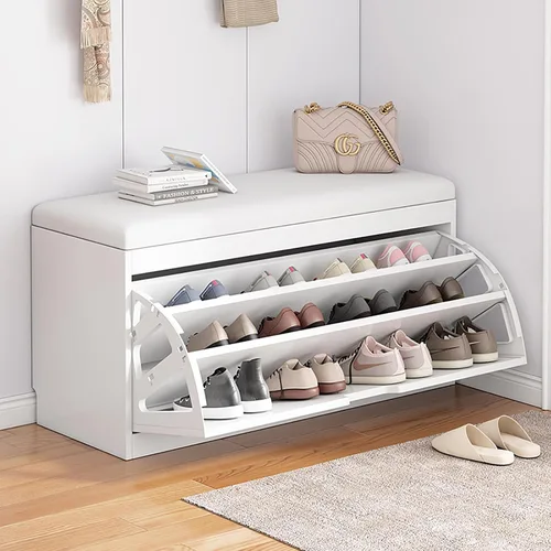 Vista 9 de Banco de zapatos, banco con almacenamiento de zapatos, banco de entrada superior con cojín extraíble, zapatero de madera con cajón de almacenamiento