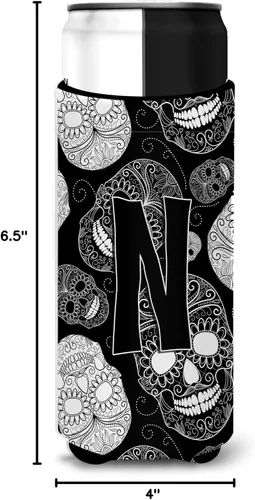 Vista 5 de Caroline's Treasures CJ2008-NMUK Letter N Day of the Dead Skulls Black Ultra Hugger para latas delgadas, funda enfriadora, lavable a máquina, funda