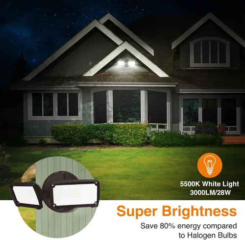 Vista 3 de LEPOWER Luz de inundación LED de 3000LM para exteriores, luz de seguridad LED controlada por interruptor, luces exteriores de 28 W con 2 cabezales