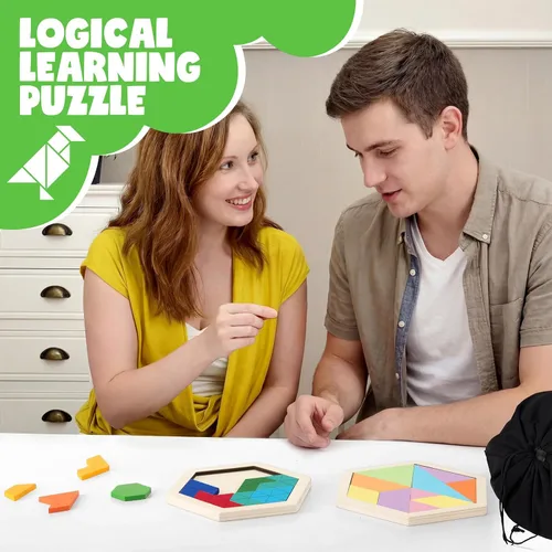 Vista 3 de Yunsailing Paquete de 3 rompecabezas grandes de madera hexagonal Tangram rompecabezas de madera rusa para adultos desafío teasers geométrico, lógica