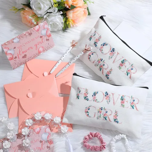 Vista 6 de Eccliy Juego de 12 piezas de regalo de propuesta de niña de las flores, bolsa de cosméticos, tocado de niña de las flores, scrunchies de satén