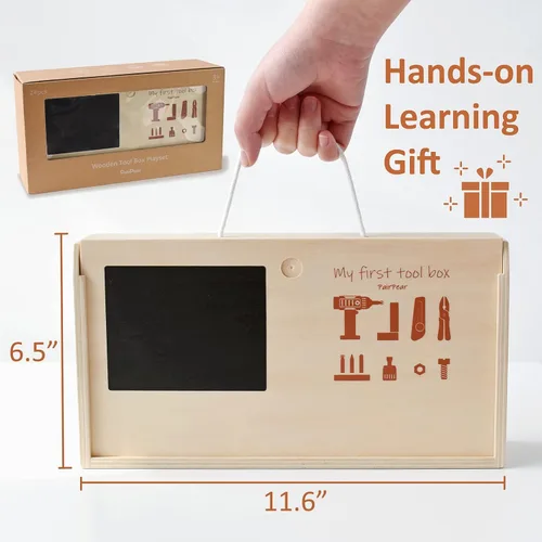 Vista 6 de PairPear Juego de herramientas para niños, caja de herramientas de juguete de madera con taladro de juguete, kit de herramientas de madera