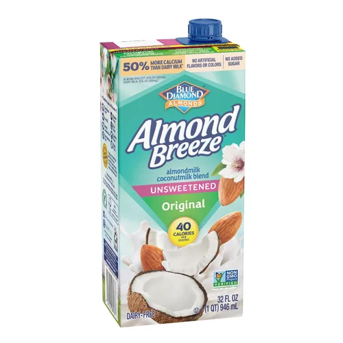Vista 2 de Mezcla de leche de almendra sin lácteos Almond Breeze, almendra y coco, original sin azúcar, 32 onzas líquidas (paquete de 12)