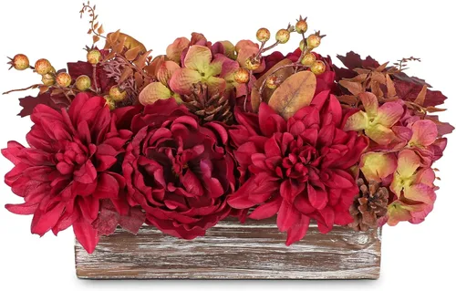 Vista 17 de DILATATA Arreglo floral con jarrón de madera, flores artificiales de 10 pulgadas en maceta, flores falsas en jarrón rectangular de madera blanco