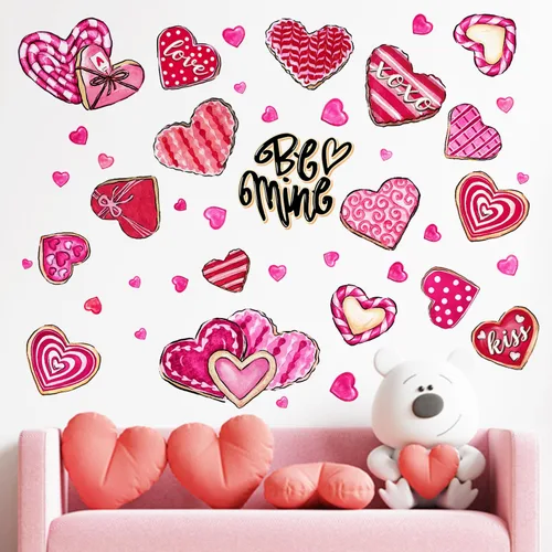 Vista 5 de Yovkky Calcomanías de pared de corazón para el día de San Valentín, diseño de corazones rosados y rojos, diseño de lunares, decoración
