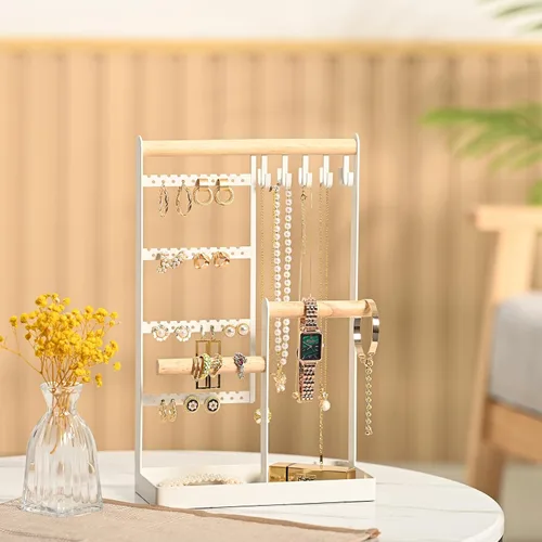 Vista 5 de Organizador de joyas, organizador de aretes de 5 niveles con 40 agujeros, soporte de exhibición de joyas con 10 ganchos, para pulseras, aretes