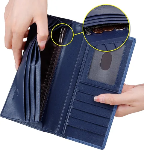 Vista 3 de VISOUL Billeteras largas de cuero con bolsillo con cremallera para hombres y mujeres, bloqueo RFID, billetera alta para secretaria, Azul y azul