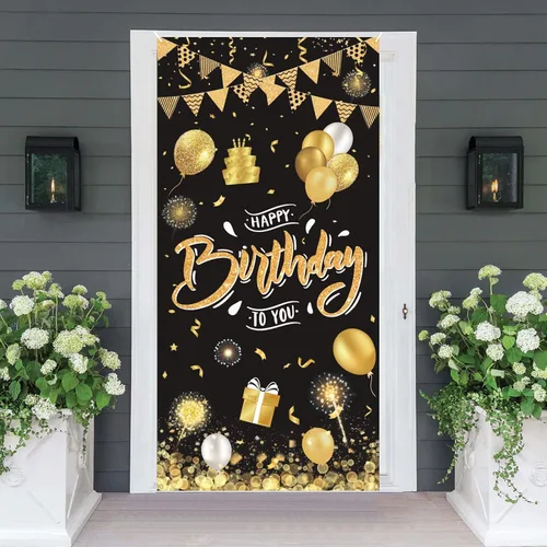 Vista 8 de Cartel de feliz cumpleaños negro y dorado, cartel de feliz cumpleaños, cartel de puerta de porche, letrero colgante de pared para exteriores e