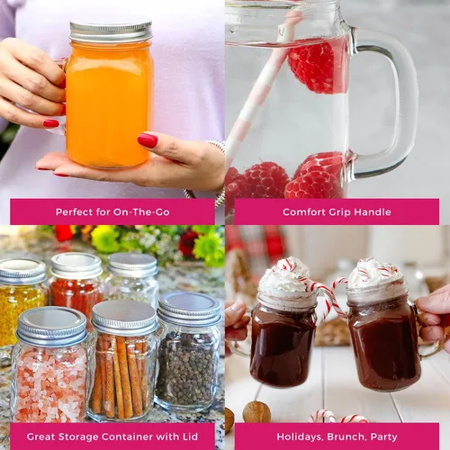 Vista 5 de Kate Aspen Tazas de Frasco Mason de 12 oz con Asas y Tapa Sólida (Juego de 6) Tazas de Vidrio para Beber de Cocina Favores de Baby Shower DIY