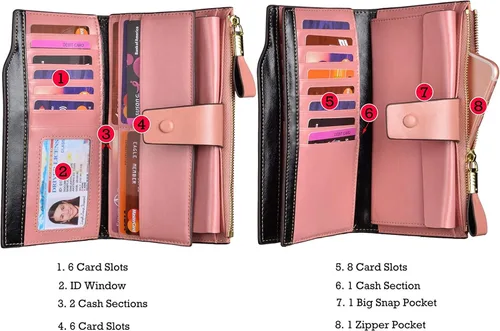Vista 4 de woogwin Cartera de embrague de cuero genuino de lujo de gran capacidad RFID para mujer, Cera rosa