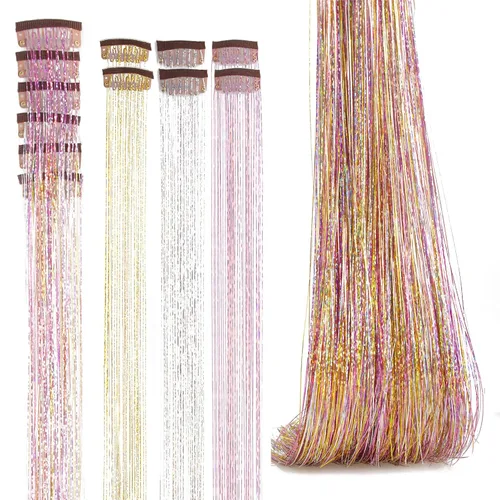 Vista 9 de Extensiones de oropel para el cabello con clip Bronce con reflejos para el cabello 52 cm 6 piezas, cabello de hada multicolor, oropel sintético
