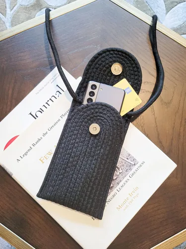 Vista 9 de Bolsa de tela tejida de ratán a mano para teléfono celular, bolsillo para tarjetas)