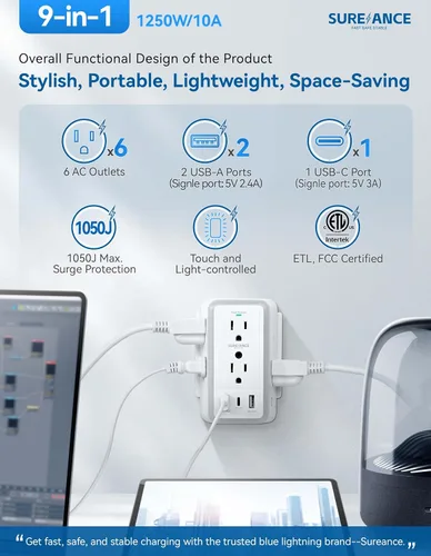 Vista 2 de Toma de pared multienchufe, extensor de 6 salidas con luz nocturna, 3 puertos USB, regleta de alimentación de 3 lados con adaptador espaciado