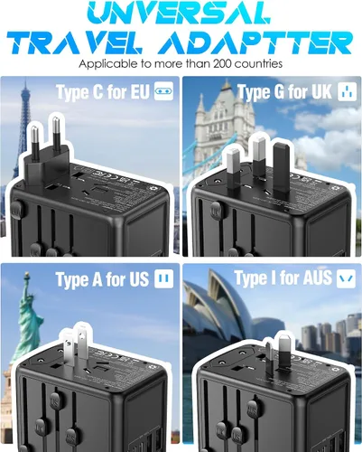 Vista 5 de Adaptador de viaje universal con carga rápida USB-C PD de 35 W, 5 puertos USB C/A, salida de CA de 2500 W, adaptador de corriente internacional