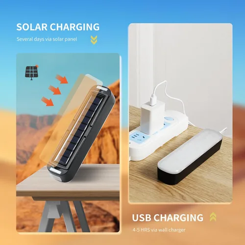 Vista 2 de Linterna solar recargable para campamento, 2000 lúmenes, 4 modos de luz, carga solar y USB (negro)