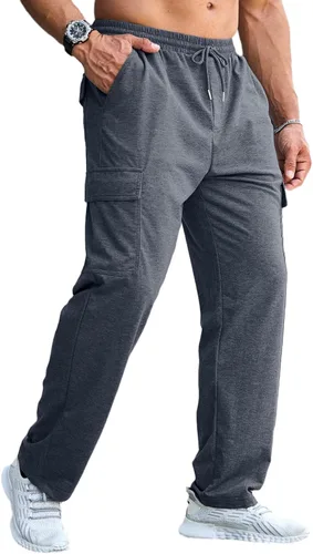 Vista 4 de CTU Pantalones deportivos holgados de moda para hombre, ligeros, para entrenamiento, pantalones deportivos con parte inferior abierta con bolsillos