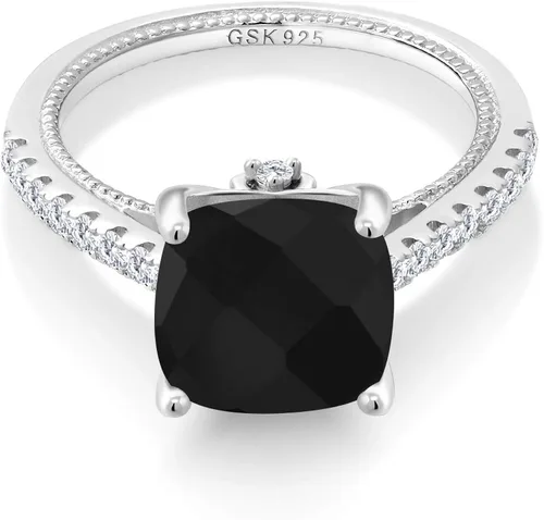 Vista 2 de Gem Stone King Anillo de compromiso de mujer de plata de ley 925 con ónix negro y zafiro blanco