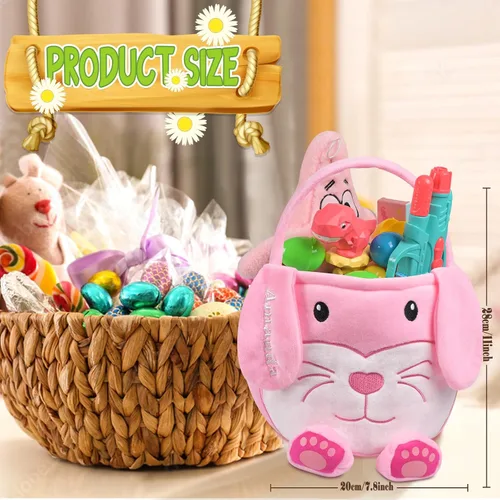 Vista 2 de Cesta de Pascua personalizada para niños, conejo rosa