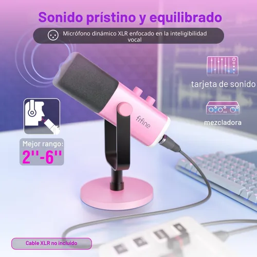 Vista 2 de FIFINE - Micrófono XLR/USB de PC para grabación de juegos con conector para auriculares, botón de silencio, RGB dinámico, de transmisión para Rosa