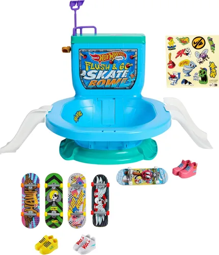 Vista 7 de Hot Wheels Skate Fingerboard Flush & Go Skate Park con tema de inodoro, 1 tabla exclusiva, 1 par de zapatos y hoja de calcomanías