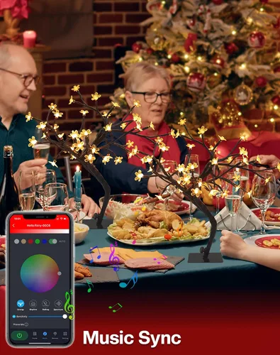 Vista 4 de Lámpara LED inteligente RGB con diseño de árbol de cerezo, bonsái iluminado por USB de 16 pulgadas para escritorio, temporizador de sincronización