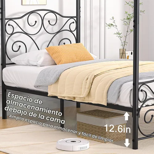 Vista 6 de VECELO Base de cama con dosel de metal, tamaño individual, base de colchón con plataforma de 4 pósteres con cabecero, soporte de listones de acero