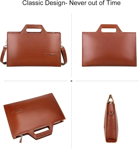 Vista 4 de PIJUSHI Maletín de piel auténtica para hombres y mujeres, bolso delgado para laptop para negocios