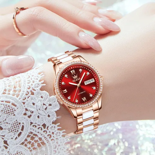 Vista 2 de OLEVS Relojes de mujer de oro rosa, correa de acero inoxidable de cerámica, reloj mecánico automático, calendario puntero luminoso impermeable