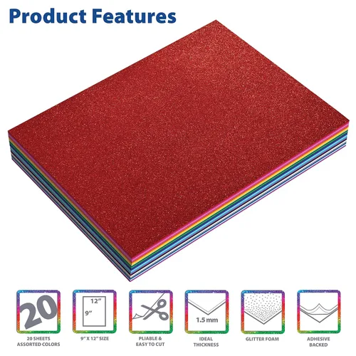 Vista 3 de Better Office Products - Paquete de 20 hojas de espuma con purpurina con respaldo adhesivo, 9 x 12 pulgadas, 20 colores surtidos, para artes