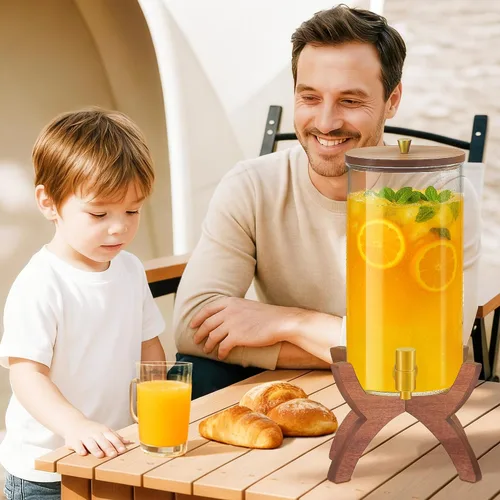 Vista 2 de Dispensador de bebidas de vidrio, dispensador de bebidas de 1.5 galones con soporte, dispensador de limonada con grifo de acero inoxidable, Soporte