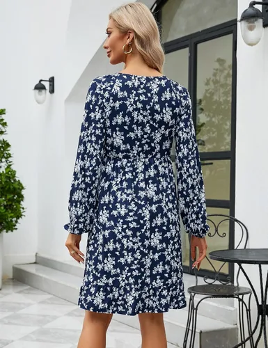 Vista 5 de Coolmee Vestido de maternidad de manga corta con volantes y cuello en V para mujer, vestido de verano casual fruncido fluido para baby shower