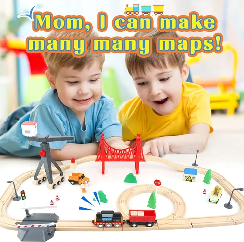 Vista 7 de WOOD CITY Juego de tren de madera, 56 piezas de lujo para niños de 2, 3, 4, 5 años, pista de tren temática de carga con grúa torre y puente
