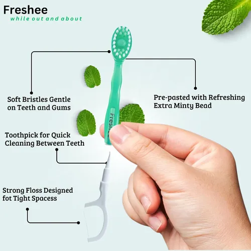 Vista 2 de Freshee Bead - Mini cepillo de dientes desechable 5 en 1 con perla de pasta de dientes + hilo dental + palillo + raspador de lengua