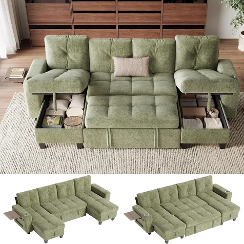 Vista 17 de LINSY HOME Modular Sectional Sofa Bed, Chenille Pull Out Couch 2 Seat Beige