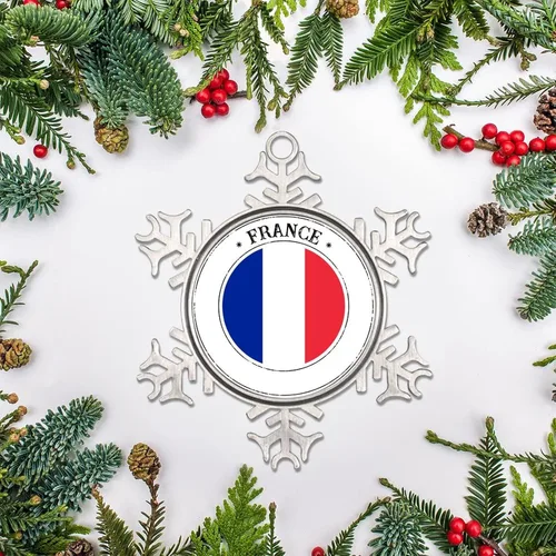 Vista 4 de Adorno de copo de nieve de metal navideño Bandera de Francia colgante de copo de nieve de peltre personalizado recuerdo decorativo para Navidad Año