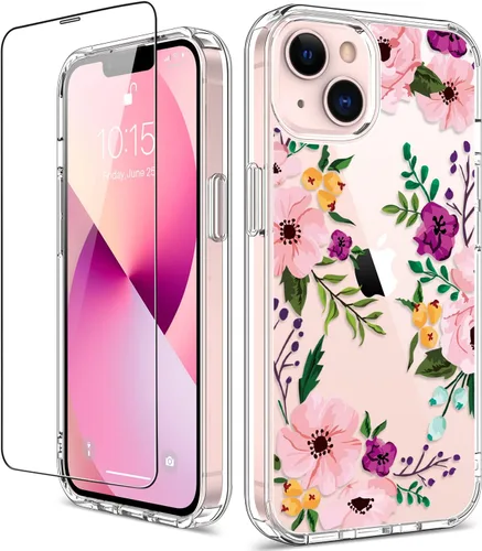 Vista 8 de Funda para iPhone 13 con protector de pantalla, transparente con diseño floral para niñas y mujeres, a prueba de golpes, con funda de parachoques