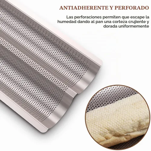 Vista 3 de Molde para Pan Baguette Moldes para Pan Francés Para Hornear, Antiadherente 2 Ranuras Perforado Molde Italiano para Pan Molde Largo para Pan Francés
