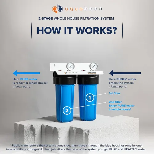 Vista 2 de Aquaboon Sistema de filtro de agua de 2 etapas para toda la casa con cartuchos de filtro de agua de 10 x 4.5 Reduce sedimentos y olores