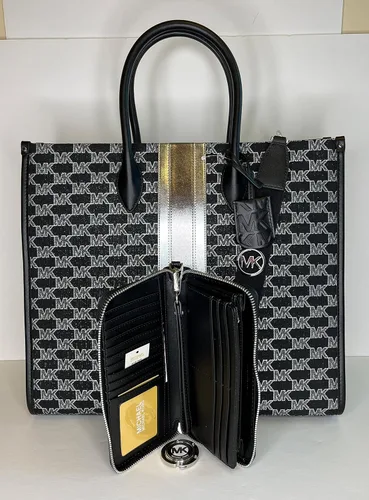 Vista 3 de Michael Kors Mirella - Bolsa de mano grande de jacquard con logotipo a rayas y gancho grande para bolso