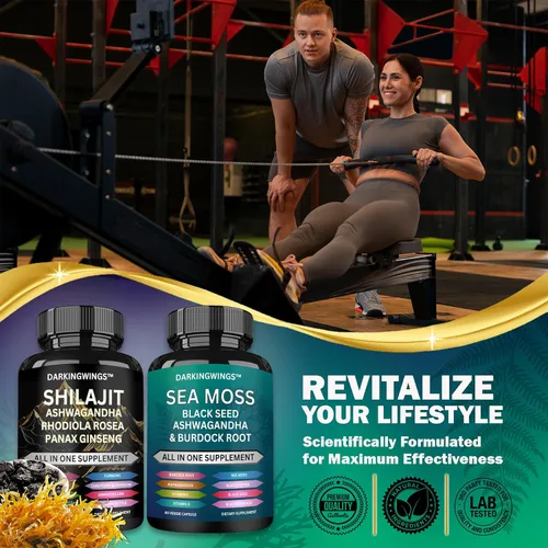 Vista 5 de Shilajit y musgo marino Combo - Cápsulas Shilajit añadidas Ashwagandha, musgo marino, jengibre y aceite de semilla negra, Rhodiola Rosea, Panax