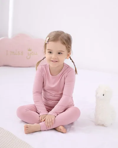 Vista 6 de GUISBY Conjunto de pijama de rayón hecho de bambú, para niños y niñas, ropa de dormir de ajuste cómodo para uso diario, conjunto de 2 piezas